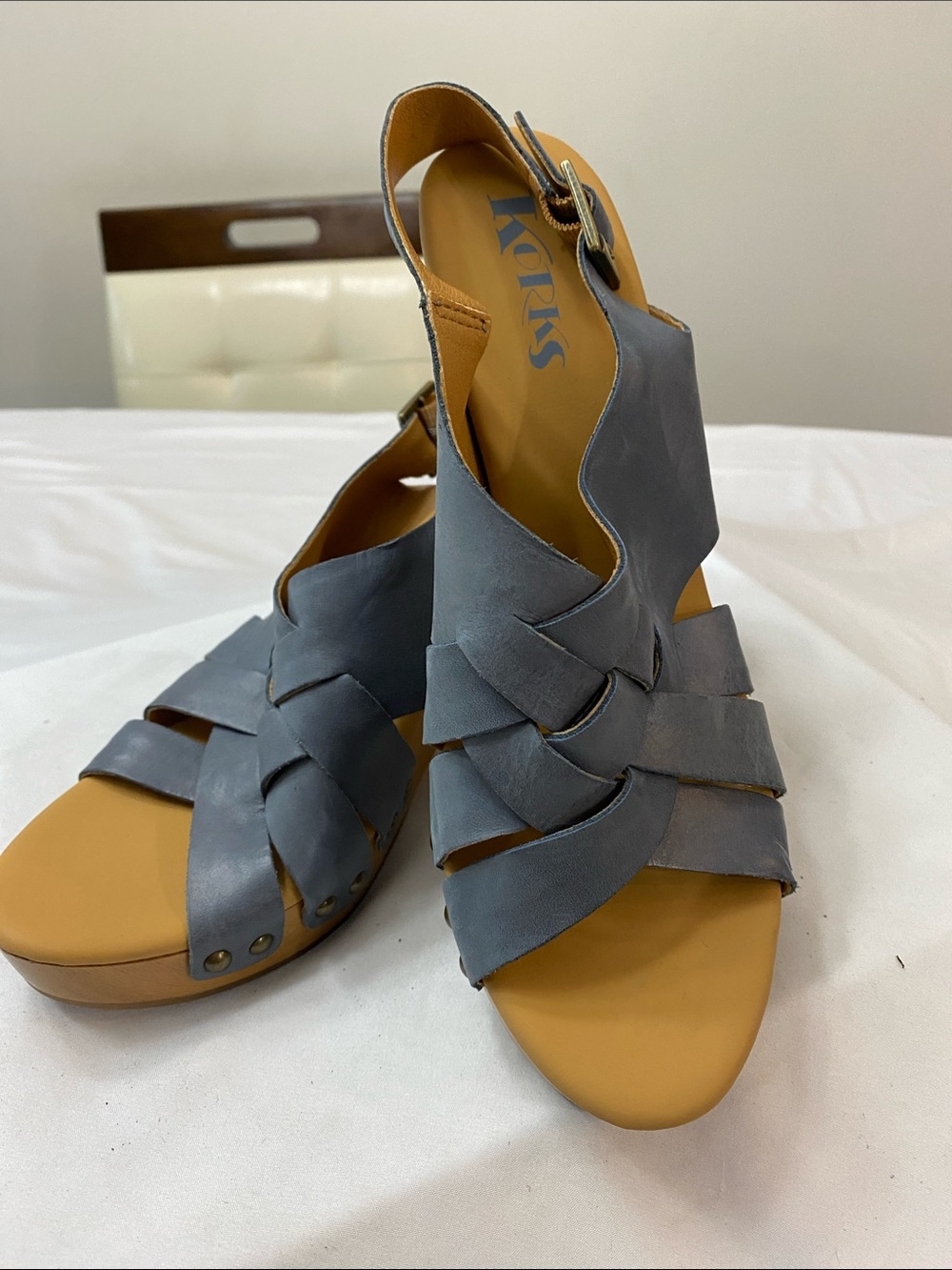 Kork-Ease Slate Blue Woven Leather Slingback Sandals